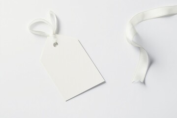 White gift tag mockup with ribbon on plain white background. Blank tag ideal for product gift labels. Elegant presentation for retail design ideas. Versatile for branding details. Minimalist style