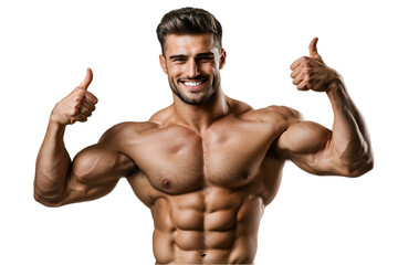 Smiling muscular man flexing his perfect body and biceps muscle, showing thumbs up sign, isolated on transparent background