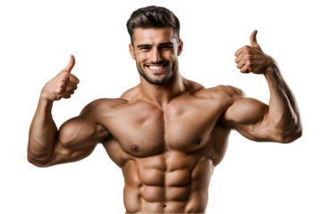 Smiling muscular man flexing his perfect body and biceps muscle, showing thumbs up sign, isolated on transparent background