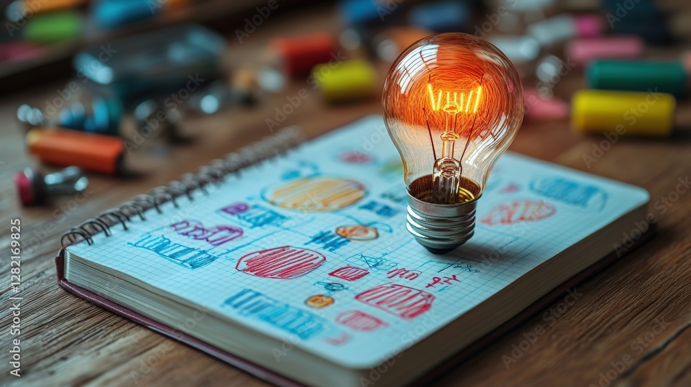 Poster a glowing light bulb above a notebook filled with colorful sketches and stationery on a wooden table
