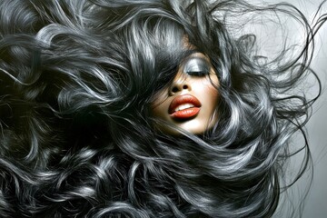 Fototapeta premium Commercial marketing layout. Long coiffure - beach waves hair. Pretty smiling black girl - for ads, magazine ad and social networks networks use. Stunning african elegance. Model concept.