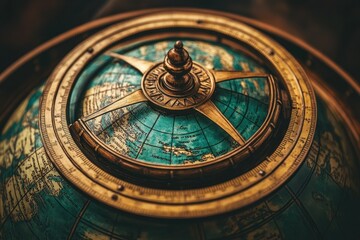 Obraz premium Vintage Globe with Compass and Detailed Cartography on Old World Map Aesthetic Display