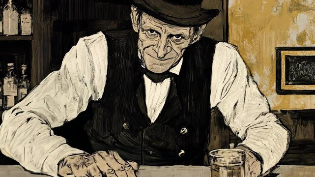 Old bartender poses with drink in rustic bar setting, showcasing character and ambiance of the establishment