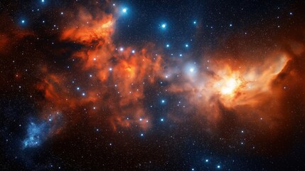 Fototapeta premium Space digital graphic poster shows nebula, galaxy. Abstract design with colorful clouds of cosmic dust, stars. Image evokes vastness, beauty of universe. Ideal for tech posters sci-fi themes. Design