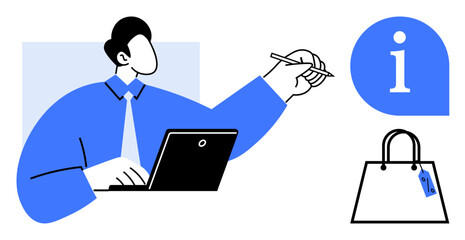 Man working on a laptop, pointing at an information icon, and a shopping bag with a price tag. Ideal for business, e-commerce, retail, customer service, information technology, marketing and online
