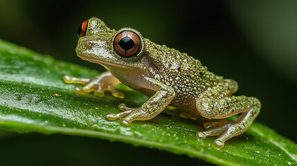 Obraz premium Macro of a redeyed tree frog sitting on a green leaf in the jungle.