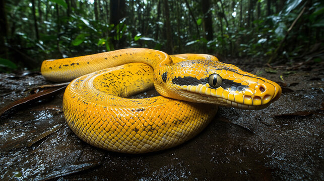 Macro shot of a yellow python snake in the jungle.