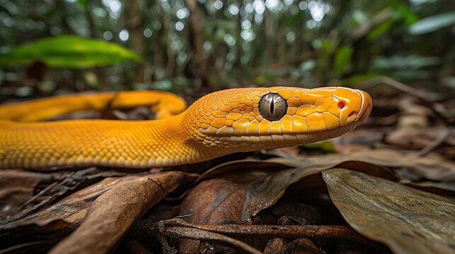 Macro shot of a yellow python snake in the jungle.