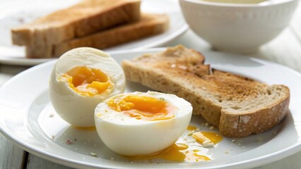 Soft-boiled egg with runny yolk and toast on a white plate.