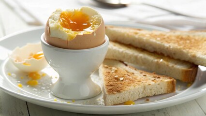 Fototapeta premium Soft-boiled egg with runny yolk and toast on a white plate.