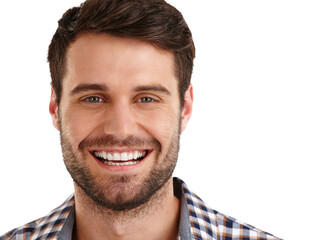 Fototapeta premium Portrait, smile and teeth of man in studio for dental care, oral care or tooth whitening treatment. Dentistry, hygiene and veneers with happy person isolated on white background for cleaning results