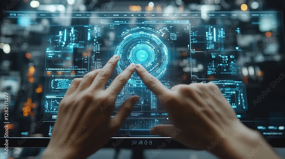 Poster hands interacting with futuristic holographic display screen in a tech environment
