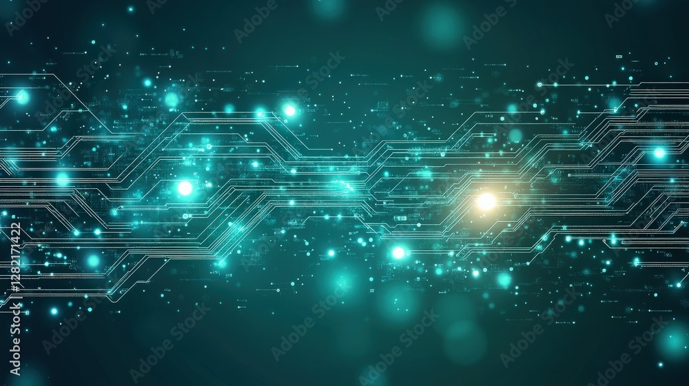 Poster abstract digital background with glowing circuits and particles, representing technology and innovat