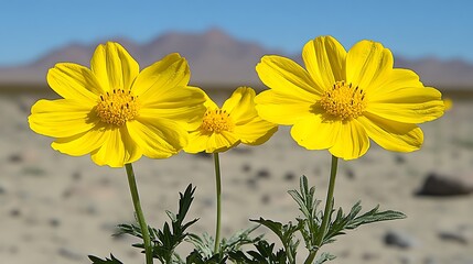 A macro shot of desert wildflowers blooming against a backdrop of sand and rocks.