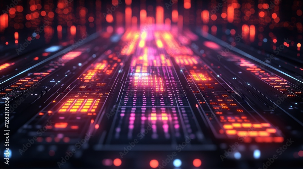 Poster abstract digital landscape with glowing neon patterns and lights creating a futuristic atmosphere
