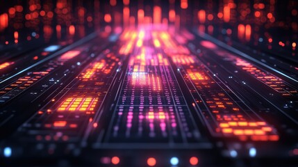 Fototapeta premium Abstract digital landscape with glowing neon patterns and lights creating a futuristic atmosphere
