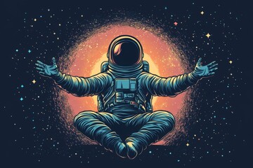 Astronaut floating in space, meditating in front of a glowing cosmic backdrop during a serene journey