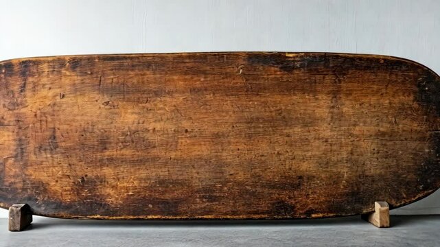 Vintage wooden tabletop with a rustic appearance placed on wooden supports in a well-lit indoor setting