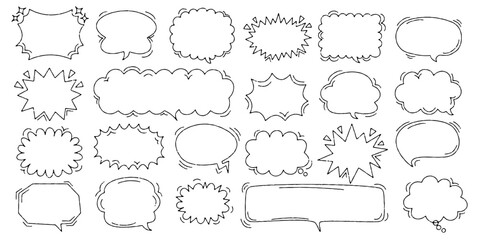 Chalk crayon speech bubbles set. Crayon balloon frame, dialogue talk in sketch style. Hand drawn vector illustration