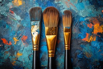 Artistic brushes resting on a vibrant, textured canvas filled with paint in various colors and strokes