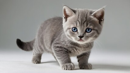 Obraz premium Gray kitten with blue eyes walking towards the camera, close-up