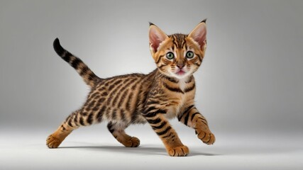 Bengal kitten walking on a white background in a playful pose