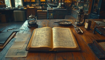 Open antique ledger book on wooden table in vintage office setting with warm ambiance