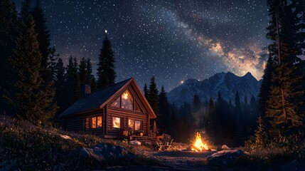 Nighttime campfire gathering mountain cabin scenic landscape starry sky warm and inviting atmosphere