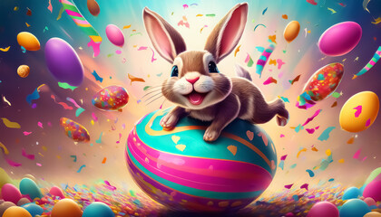 Joyful Bunny Balancing on Colorful Ball Amidst Festive Balloons and Confetti.
