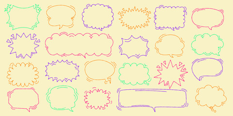 Chalk crayon speech bubbles set. Crayon balloon frame, dialogue talk in sketch style. Hand drawn vector illustration