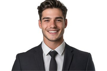 Young handsome businessman in suit, smiling nicely, professional headshot, isolated on transparent background