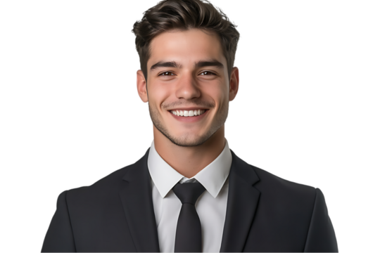 Young handsome businessman in suit, smiling nicely, professional headshot, isolated on transparent background