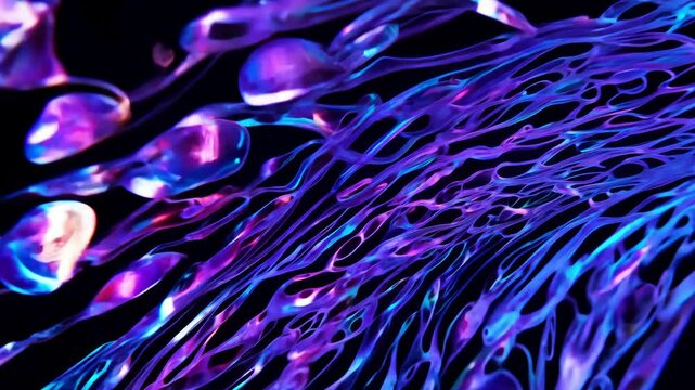 Close-up of glowing, abstract biological structures resembling blood vessels or fibers, illuminated in shades of blue and purple, ai video symbolizing molecular activity.
