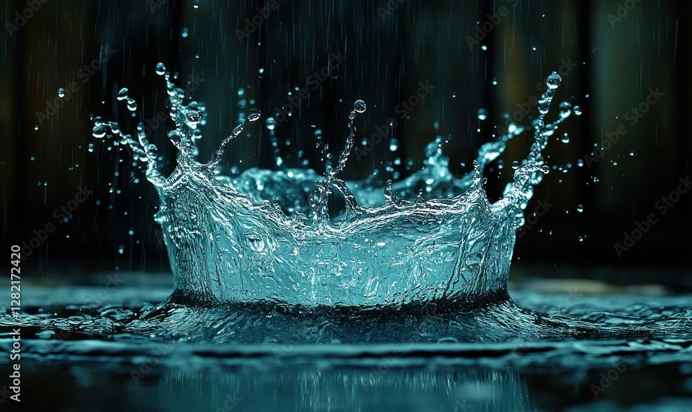Poster water splash with blue tones in dark background capturing dynamic movement and texture
