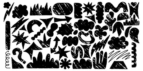 Shape crayon set with chalk texture. Arrow, crown and cloud crayon texture sketch. Hand drawn vector illustration
