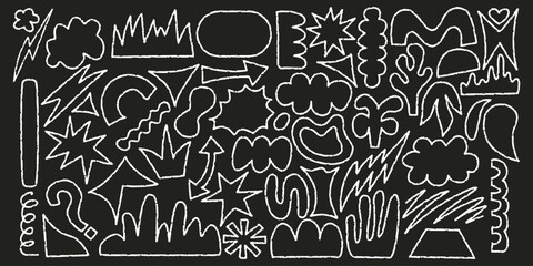 Shape crayon set with chalk texture. Arrow, crown and cloud crayon texture sketch. Hand drawn vector illustration