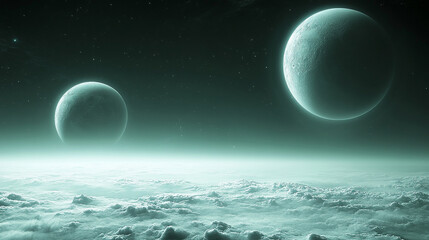 Modern cosmic landscape featuring two contrasting planets in the sky symbolizing duality harmony and the balance between opposing forces