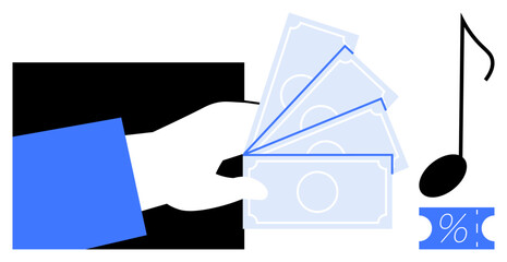 Hand holding paper money, musical note, percentage ticket. Ideal for music industry revenue, performance fees, royalties, financial growth, monetary contributions, budgeting abstract line flat