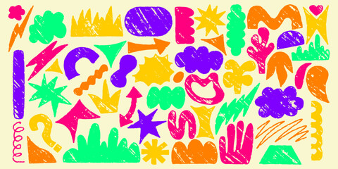 Shape crayon set with chalk texture. Arrow, crown and cloud crayon texture sketch. Hand drawn vector illustration