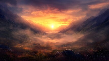 Naklejka premium Breathtaking sunset over misty valley natural landscape evening light serene environment scenic view tranquility