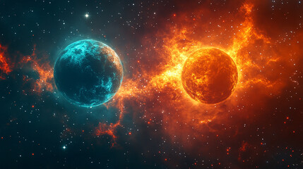 Modern cosmic landscape featuring two contrasting planets in the sky symbolizing duality harmony and the balance between opposing forces
