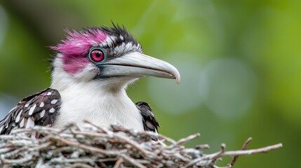 Fototapeta premium Crested barbet bird with a pink crown sits in its twig nest against a soft green forest background.