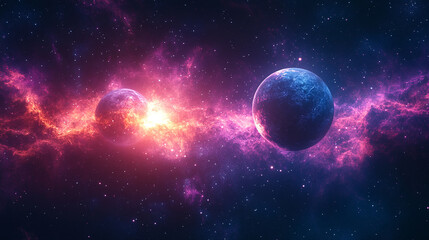 Modern cosmic landscape featuring two contrasting planets in the sky symbolizing duality harmony and the balance between opposing forces
