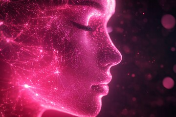 Obraz premium Digital art depicting a profile of a woman illuminated with pink lights and abstract patterns representing technology and connectivity