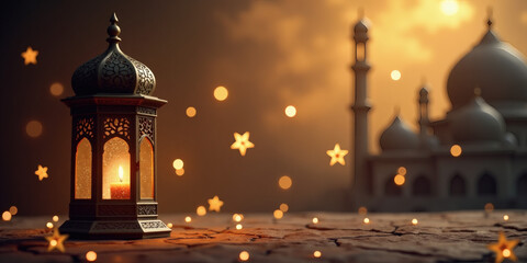 Obraz premium Ramadan Design Assets, Fanous (Ramadan lantern) with mosque on the background, Ramadan invitations, high quality, 4K, with an empty area to add your text