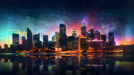 Obraz premium Digitale Metropole mit reflektierenden Lichtern und futuristischem Design