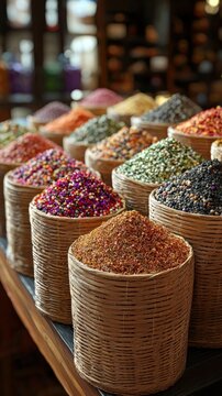 Colorful spices in woven baskets displayed at a spice market, product photography