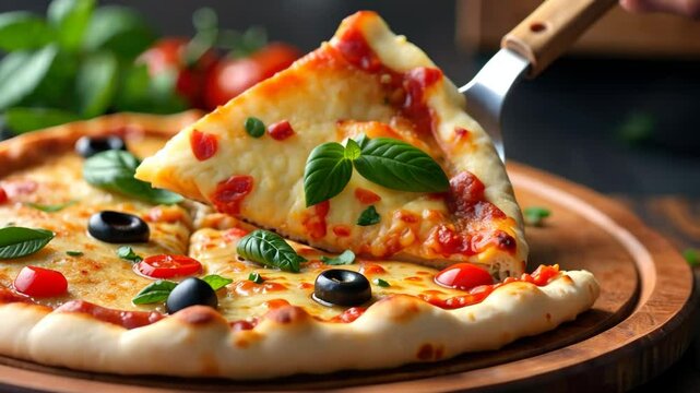 Delicious basil topped pizza slice with olives and cherry tomatoes