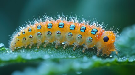 Naklejka premium Close-up of a vibrant orange caterpillar with blue spots on a dewy green leaf in nature
