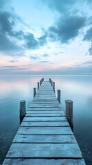 Fototapeta premium Tranquil Pier Embracing Dawn Reflections with Weathered Wood and Gentle Waves in Serene Landscape